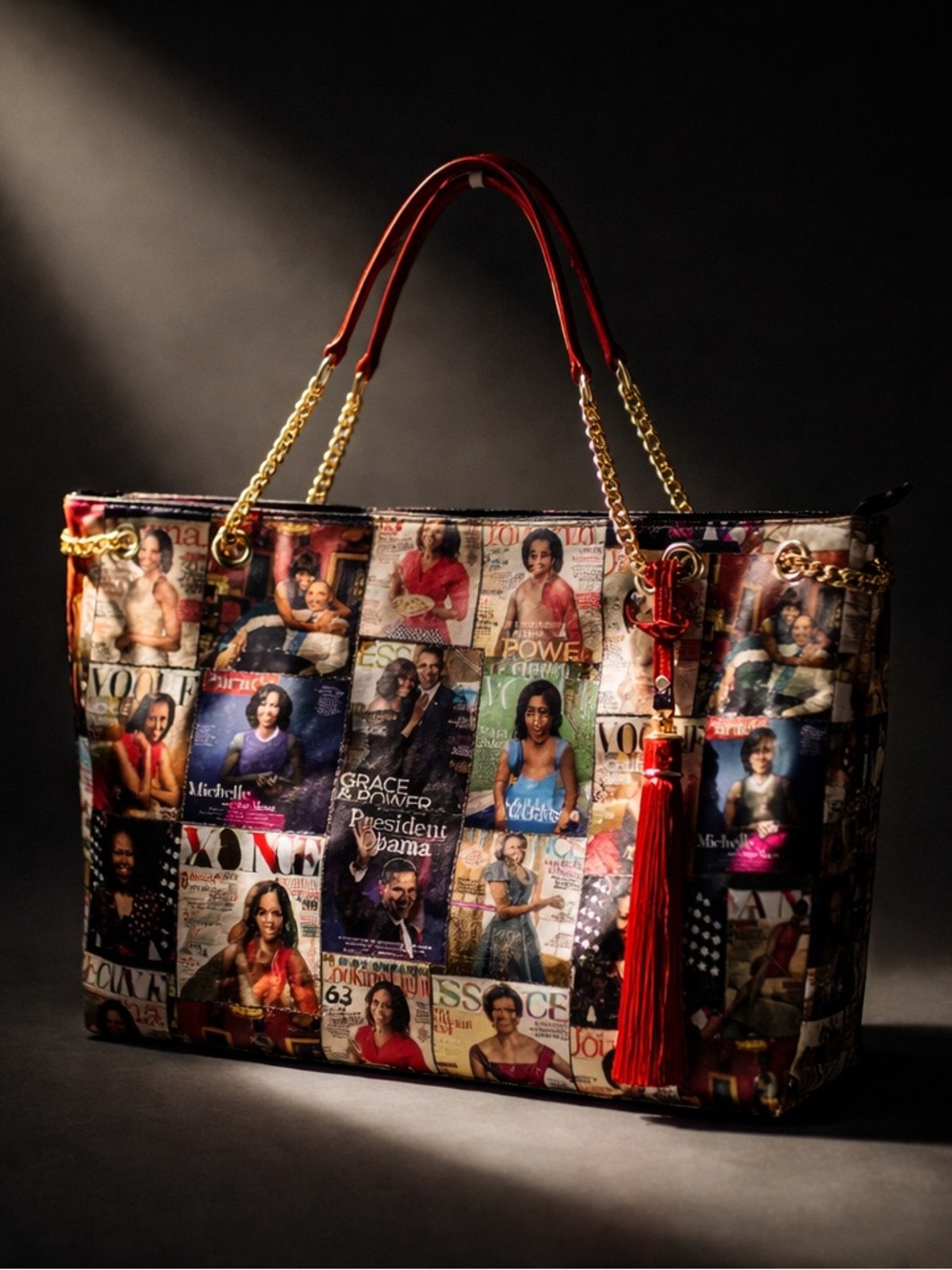 Vibrant Magazine Print Tote Bag with Red Handles